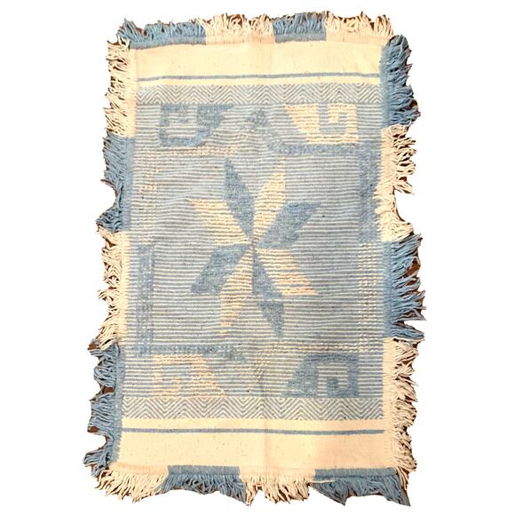 Hand Made Rug Blue White 55"x 34" Star Throw Chenille Woven Southwest Style Rect - Picture 8 of 8